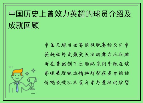 中国历史上曾效力英超的球员介绍及成就回顾